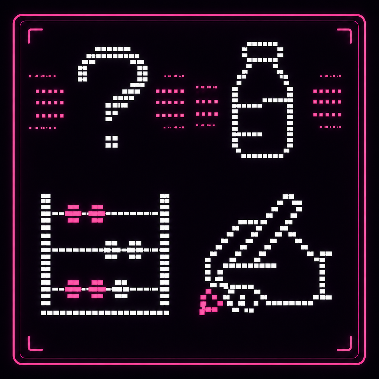 Agentic AI agent concept icons: a question mark, a milk bottle, an abacus, and a hand writing